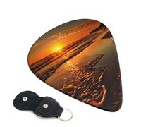 Orange Sunrise Beach Guitar Picks 6 Pcs, 0.96mm Thickness Celluloid Plectrum with Leather Picks Holder, Personalized Guitar Pick for Bass Electric Acoustic Guitars Lovers Gift