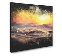 Orange Sunset Above the Waves Paint Splash Canvas Print | Gallery Wrapped 30mm Frame Wall Art | 14x14 inches | Ready to Hang | Coastal Seascape Picture | Living Room Bedroom Lounge Office