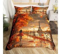 (Orange, Super King(No Comforter)) Homewish Paris Bedding Set Romantic Eiffel Tower Painting Comforter Cover,Fall Leaves Cityscape Duvet Cover Double Paris Gifts Bed Set for Woman