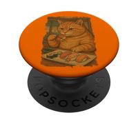 Orange Tabby Cat Eats Sushi Japanese Vintage PopSockets Adhesive PopGrip