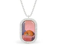 Orange Tabby Cat Sleeping Rectangle Pendant Necklace Silver Women Jewelry Alloy Keychain Tag Jewelry