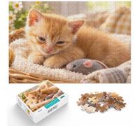 Orange Tabby Kitten Toy Mouse Wooden Jigsaw Puzzle 500 Pieces, Adult Puzzle