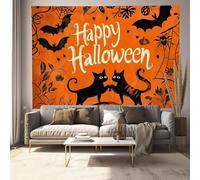 Orange Tapestry Black Cat Bat Tapestry Halloween Theme Wall Hanging Tapestries for Bedroom Living Room Halloween Night Party Supplies Decor, 230Lx180W