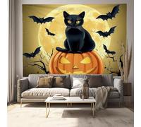 Orange Tapestry Pumpkin Black Cat Bat Tapestry Cartoon Style Wall Hanging Tapestries for Bedroom Living Room Halloween Night Party Supplies Decor, 100Lx75W