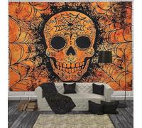 Orange Tapestry Spider Web Sugar Skull Tapestry Halloween Theme Wall Hanging Tapestries for Bedroom Living Room Halloween Night Party Supplies Decor, 200Lx150W