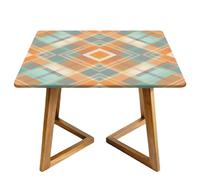 Orange Teal Grid Square Tablecloth with Elastic Edgs Classic Plaid Fitted Table Cover Waterproof Topper Cap for Dining Wedding Party Picnic 100cm