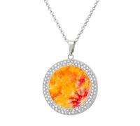 Orange Tie Dye Shiny Diamond Necklace for Women Personalized Round Pendant Chain Jewel Gift