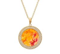 Orange Tie Dye Shiny Diamond Necklace for Women Personalized Round Pendant Chain Jewel Gift