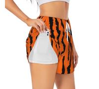 Orange Tiger Leopard Print Shorts Athletic Running Women's Workout Pockets Gym Quick-Dry Sport Hiking Elastic, White, Medium