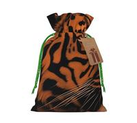 Orange tiger leopard Printed Christmas Drawstring Bags Reusable Bag for Party Xmas Gift Wrapping, Green Ribbon, S