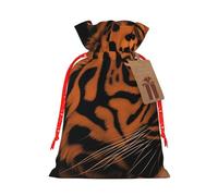 Orange tiger leopard Printed Christmas Drawstring Bags Reusable Bag for Party Xmas Gift Wrapping, Red Ribbon, S