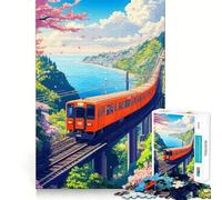 Orange Train by The Sea Jigsaw Puzzles1000 Pieces Mind Skill Toy Soothing Play Precision Cut Art Collection Piece (50x75cm)
