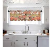 Orange Truck Fall Curtain Valances for Windows, Autumn Floral Pumpkins Harvest Rod Pocket Kitchen Semi Sheer Valance Bedroom Living Room Bathroom Toppers Small Short Curtain, 54"x18" Window Treatments