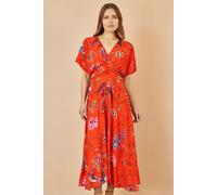 Orange Viscose Bird and Floral Print Kimono Midi Dress Yumi Orange 10