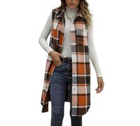 Orange Women's Checked Gilets Longline Vest Jackets, Sleeveless Lapel Button Down Tweed Waistcoat with Pockets, Plain Collar Casual Gilet, Trendy Plaid Print Casual Elegant Long Jacket XXL