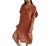 Orange Womens Dresses Cotton Linen Raw Hemline V Neck Midi Dress Ladies Chic Casual Shift Dress Solid Colour Loose Fit Baggy Beach Sundress Holiday Loungewear M