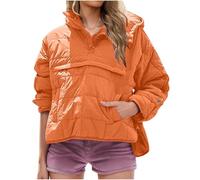 Orange Womens Quilted Pullover Oversized Lightweight Down Coats 1/2 Buckle Down Pull On Sweatshirts with Pockets Winter Warm Hooded Puffer Jacket High Neck Hoodies XXL