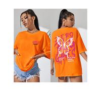 (Orange-X1501-S0093, XXXL) Graphic & Letter Print Crew Neck T-Shirt Women Cotton Plus Size Tshirts Hip Hop Breathable Streetwear Soft Casual Short Sleeve