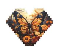 Orange Yellow Butterfly Field Flowers Print Building Brick Block Puzzle - Heart Shaped Picture Puzzles, Wooden Picture Jigsaw Puzzles