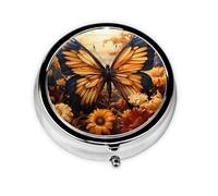 Orange Yellow Butterfly Field Flowers This Small, Round, Three-Compartment Travel Pill Box is Perfect for Storing Daily medications, Vitamins, and on-The-go.