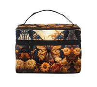 orange yellow butterfly field flowers Women's travel cosmetic bag, (9x6.5x6.2 inches) portable large capacity cosmetic bag, large cosmetic bag storage bag for girls, Black, One Size, Black, One Size
