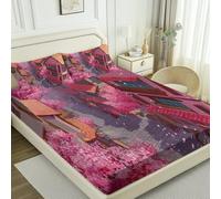 Orange-Yellow Fitted Sheet, Fantasy Cartoon Architecture Cherry Blossoms Printed, Delicate Touch, Easy Care Microfibre Fitted Sheet with Elasticated Corners, 135 × 200 cm, Shrinkage & Fade Resistant