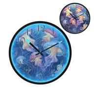 Orange Yellow Jellyfish Group Art Print Night Light Wall Clock LED Wall Clocks Silent Battery-Operated Glow in The Dark Large Digital Display for Bedroom Living Room Kitchen, 12 Inch