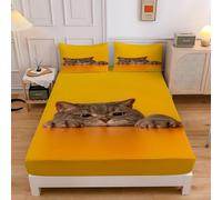 Orange-Yellow Small Double Fitted Sheet Cats 3D Printed Bedding Set for Small Double Soft Microfibre Fitted Sheet Deep Pocket 30cm, Bed Cover 122x190x30cm with 2 Pillowcase sd2216