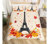 (Orange Yellow, Super King(No Comforter)) Homewish Paris Bedding Set Romantic Eiffel Tower Painting Comforter Cover,Fall Leaves Cityscape Duvet Cover Double Paris Gifts Bed Set for Woman