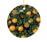 Oranges and Leaves on Black Background Christmas Ornaments 2.9 Inch Round Ceramic Ornament Keepsake Thank You Gifts for Office, Room, Home - Holiday Present Ideas
