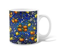 Oranges Ceramic Coffee Mug, Floral Lemons Green Leaves Summer Blue Novelty Work Drinking Mugs with Handle Ideal for Friends Family Co-Worker Lovers Eldership Senior 11 Oz