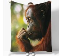 Orangutan Animal Print Throw Blanket, Double Size Soft Fleece Flannel Throw for Sofa, Couch or Bed, Wildlife Nature Photography Design, Warm Decorative Blanket for Living Room, 150 x 200 cm, Dark Red