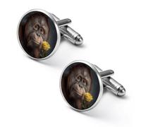 Orangutan Monkey Holding Rose Mens Classic Cufflinks Custom Shirt Cuff Links Jewelry Accessories for Business Wedding 0.7" 0.8"