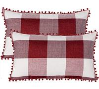ORANIFUL Buffalo Check Cushion Covers 30 x 50 Set of 2 Linen Decorative Square Pom Poms Tartan Throw Lumbar Pillow Case for Sofa Couch Bed Home Decor Car 12x20 Inches (Red & White)