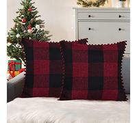 ORANIFUL Buffalo Check Cushion Covers 50cm x 50cm Set of 2 Linen Decorative Square Pom Poms Tartan Throw Pillow Case for Sofa Couch Bed Home Decor Car 20x20 Inches (Burgundy & Black)