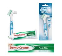 Oravida Denture Cleaning Kit - Denture Brush Bundled with Dentu Creme 75ml Fresh Mint Cleansing Paste - Complete Daily Denture Care Bundle - Removes Stains, Plaque & Food Particles