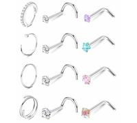 ORAZIO 18g 20g 22g Nose Rings Hoops for Women Corkscrew L Shape Nose Rings Studs Hypoallergenic Surgical Stainless Steel Nose Ring Gold Small Cute Piercing Jewelry 1.5mm 2mm 2.5mm 3mm Diamond CZ 12Pcs