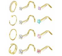 ORAZIO 18g 20g 22g Nose Rings Hoops for Women Corkscrew L Shape Nose Rings Studs Hypoallergenic Surgical Stainless Steel Nose Ring Gold Small Cute Piercing Jewelry 1.5mm 2mm 2.5mm 3mm Diamond CZ 12Pcs