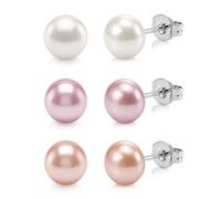 ORAZIO 3 Pairs 925 Sterling Silver Pearl Earrings Set Hypoallergenic Stud Earrings for Women Freshwater Pearls Earring Set Colorful Pearl Jewellery Sets for Women 8MM