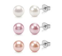 ORAZIO 3 Pairs 925 Sterling Silver Pearl Earrings Set Hypoallergenic Stud Earrings for Women Freshwater Pearls Earring Set Colorful Pearl Jewellery Sets for Women 7MM