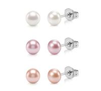 ORAZIO 3 Pairs 925 Sterling Silver Pearl Earrings Set Hypoallergenic Stud Earrings for Women Freshwater Pearls Earring Set Colorful Pearl Jewellery Sets for Women 5MM