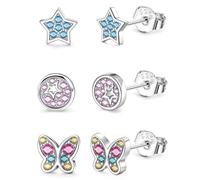 ORAZIO 3 Pairs 925 Sterling Silver Small Studs Earrings for Girls Kids Butterfly Heart Flower Cubic Zirconia Cartilage Earrings Set for Women Children Hypoallergenic Stud Sleeper Earrings Set