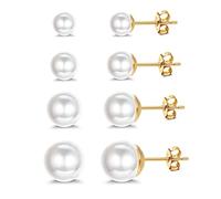 ORAZIO 4 Pairs 925 Sterling Silver Pearl Earrings Round Ball Pearls Stud Earrings Hypoallergenic 5-10mm Mixed Sizes Freshwater Cultured Pearl Earrings Set for Girls Women