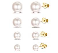 ORAZIO 4 Pairs 925 Sterling Silver Pearl Earrings Round Ball Pearls Stud Earrings Hypoallergenic 6-9mm Mixed Sizes Freshwater Cultured Pearl Earrings Set For Girls Women