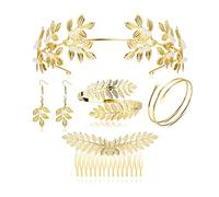 ORAZIO 5 Pcs Greek Goddess Accessories Set for Women Greek Goddess Headband Roman Gold Leaf Headband Crown Greek Gold Arm Bracelet Cuff Hair Comb Slides Leaf Hair Clip Decorations for Girls Halloween