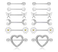 ORAZIO 6 Pairs 14G Nipple Rings for Women Men 316L Stainless Steel Heart Butterfly Moon CZ Flower Barbell Nipple Rings Set Cute Nipplerings Tongue Bars Body Piercing Jewelry