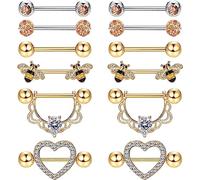 ORAZIO 6 Pairs 14G Nipple Rings for Women Men 316L Stainless Steel Heart Butterfly Moon CZ Flower Barbell Nipple Rings Set Cute Nipplerings Tongue Bars Body Piercing Jewelry