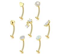 ORAZIO 7 Pcs Belly Button Ring Surgical Steel Hypoallergenic Floating Belly Button Rings for Women Flat Back CZ Opal Internally Threaded Long Bar Navel Piercing Jewelry 14G Gold Silver Tone, 8 mm