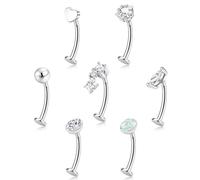 ORAZIO 7 Pcs Belly Button Ring Surgical Steel Hypoallergenic Floating Belly Button Rings for Women Flat Back CZ Opal Internally Threaded Long Bar Navel Piercing Jewelry 14G Gold Silver Tone, 10MM