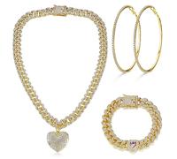 ORAZIO Cuban Link Chain Jewelry Set Cuban Chain Necklace Cuban Link Bracelet Rhinestone Hoop Earrings Gold/Silver Iced Out Chain Heart CZ Clear Cuban Link Chain Big Circle Earrings Hip Hop Cuban Link